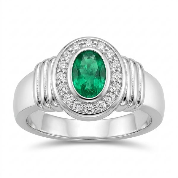 SYLVEXIA Oval Cut Green Emerald Halo Ring in 925 Sterling Silver for Women