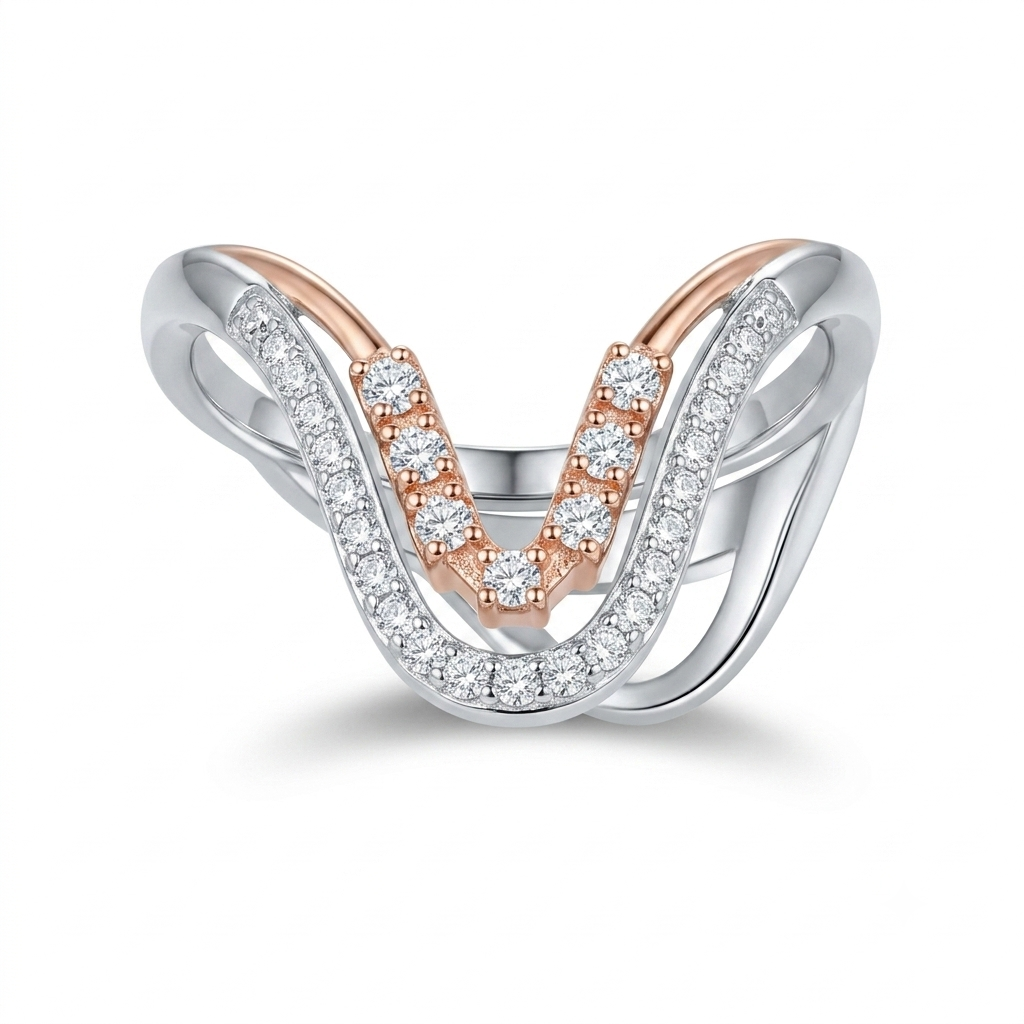 Sylvexia 925 Sterling Silver CZ V-Shaped Crossover Ring for Women