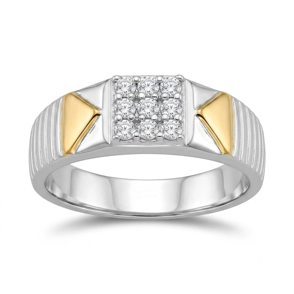 Two Tone 925 Sterling Silver Mens Square CZ Cluster Signet Ring
