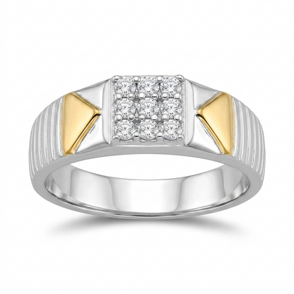 Two Tone 925 Sterling Silver Mens Square CZ Cluster Signet Ring
