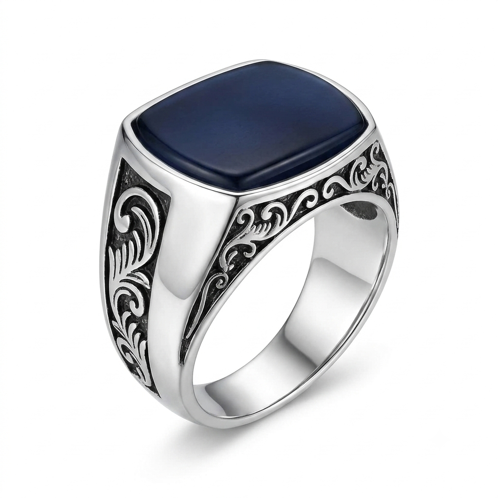 Sylvexia 925 Sterling Silver Men's Blue Oval Signet Ring with Engraved Band