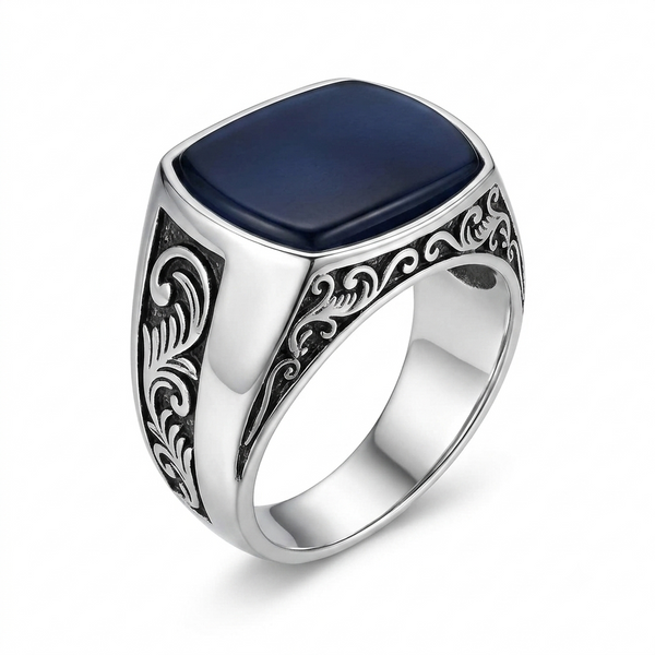 Sylvexia 925 Sterling Silver Men's Blue Oval Signet Ring with Engraved Band