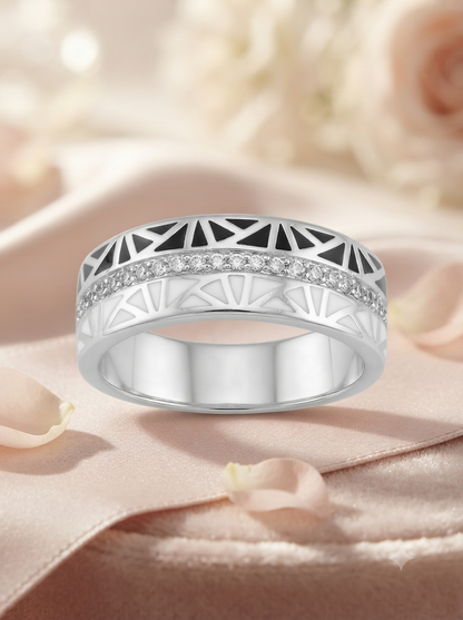SYLVEXIA 925 Sterling Silver White Black Geometric Ring for Women