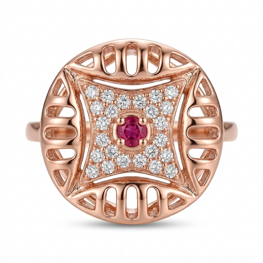 SYLVEXIA 925 Sterling Silver Rose Gold Plated Round Ruby Filigree Ring