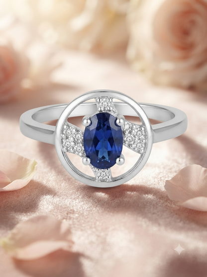 SYLVEXIA 925 Sterling Silver Blue Oval Stone Ring for Women