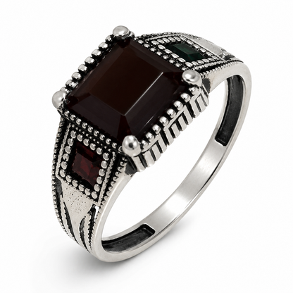 Sylvexia 925 Sterling Silver Men's Emerald Cut Garnet Statement Ring