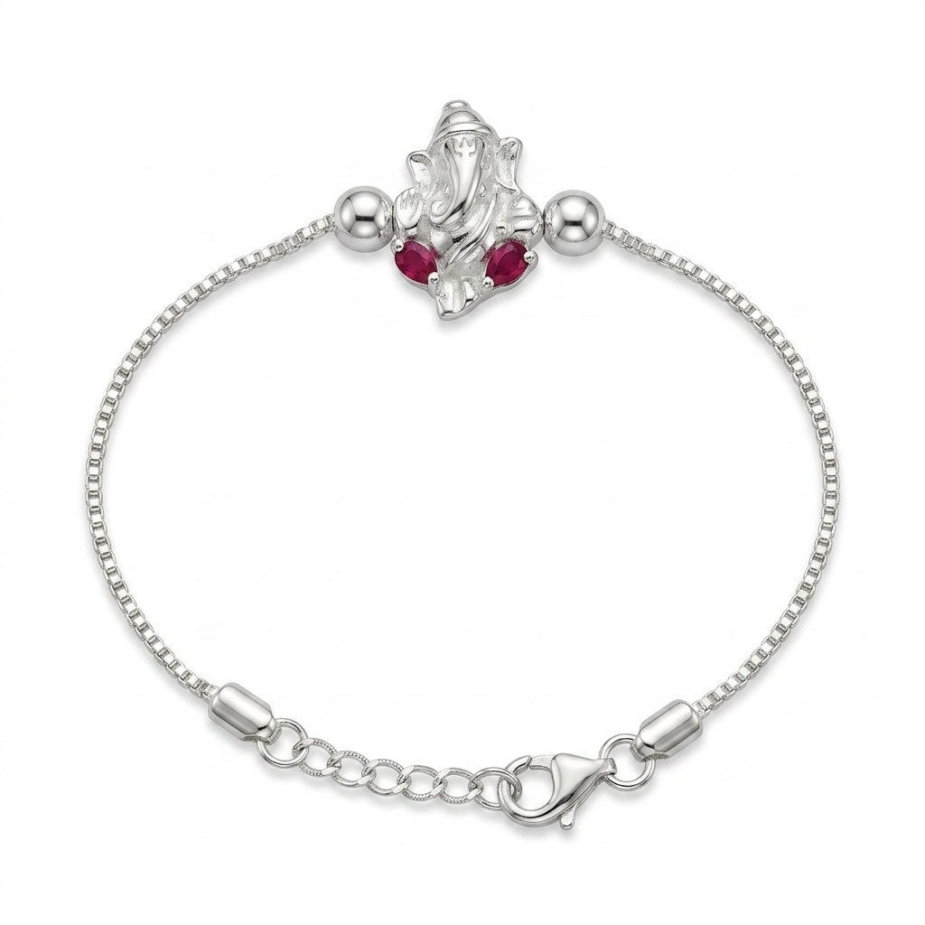 SYLVEXIA 925 Sterling Silver Maroon Color Ganesha Rakhi Bracelet for Brother