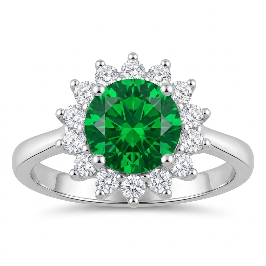 SYLVEXIA Round Cut Green Emerald Halo Ring in 925 Sterling Silver with CZ Accents for Women