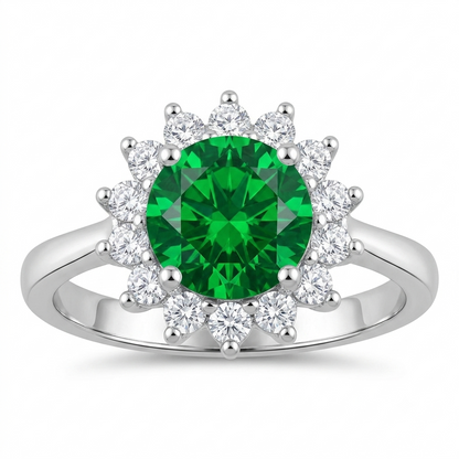 SYLVEXIA Round Cut Green Emerald Halo Ring in 925 Sterling Silver with CZ Accents for Women