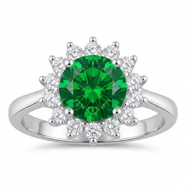SYLVEXIA Round Cut Green Emerald Halo Ring in 925 Sterling Silver with CZ Accents for Women