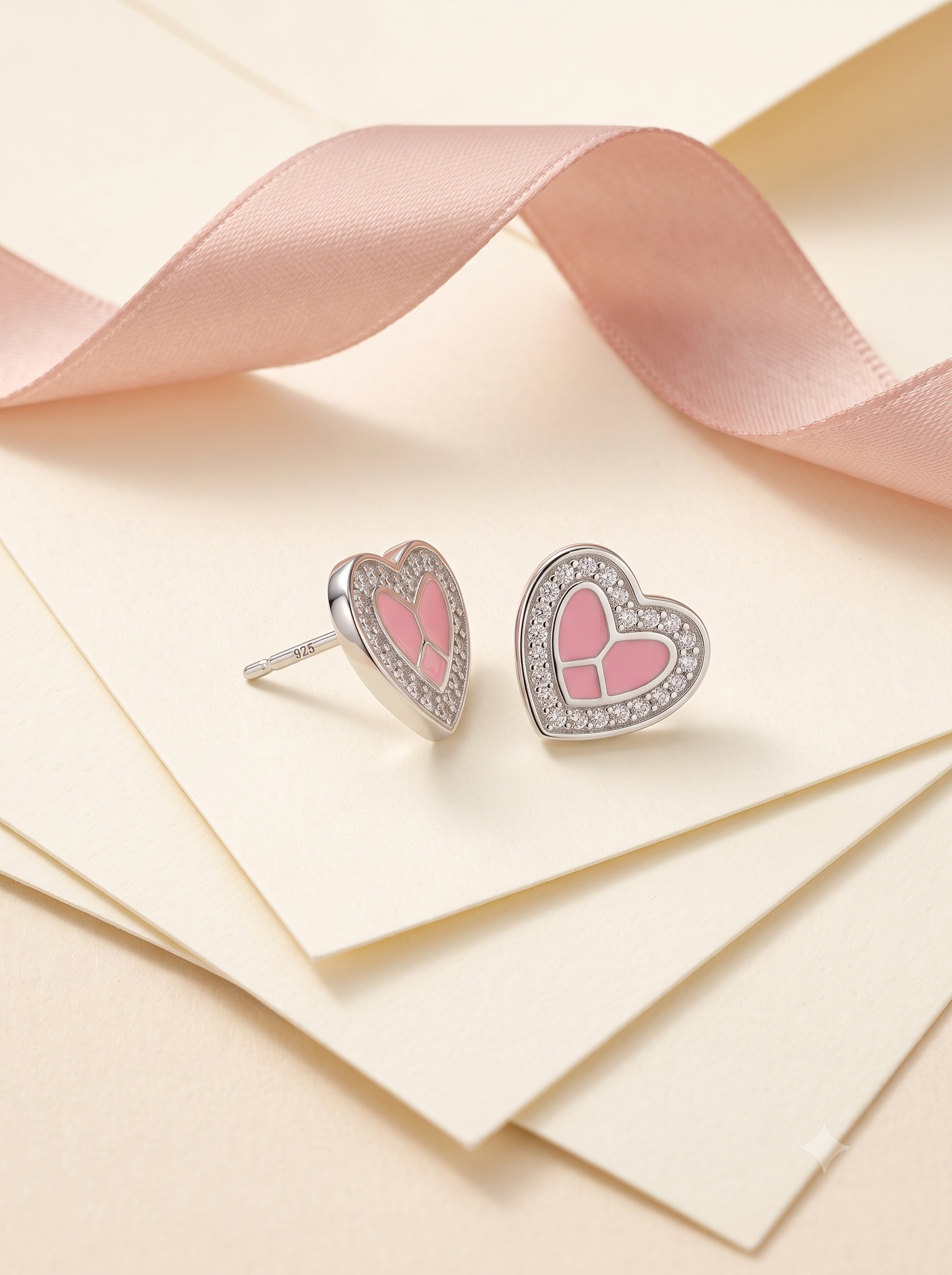 SYLVEXIA 925 Sterling Silver Pink Heart Stud Earrings