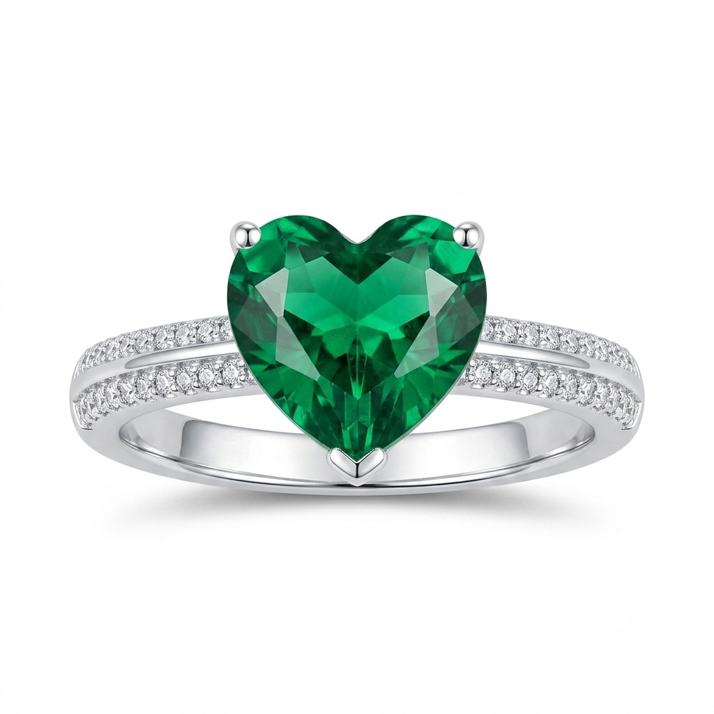 Sylvexia 925 Sterling Silver Emerald Green Heart CZ Ring for Women