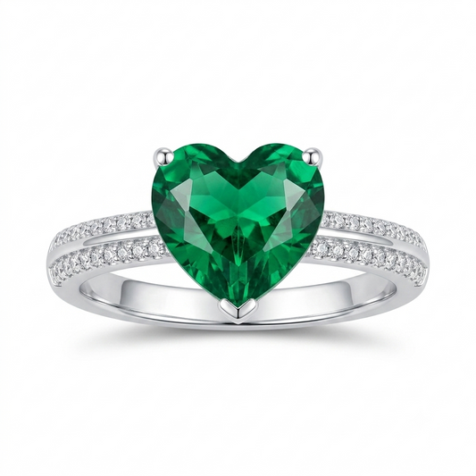 Sylvexia 925 Sterling Silver Emerald Green Heart CZ Ring for Women