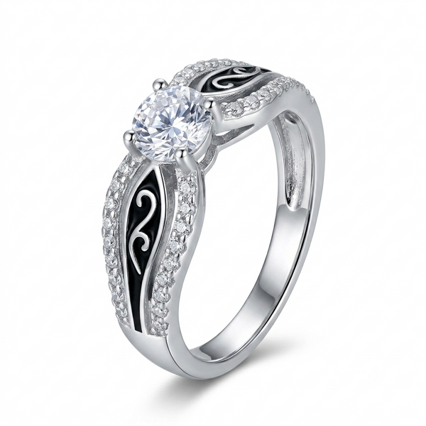 Sylvexia 925 Sterling Silver Black Enamel CZ Solitaire Ring for Women