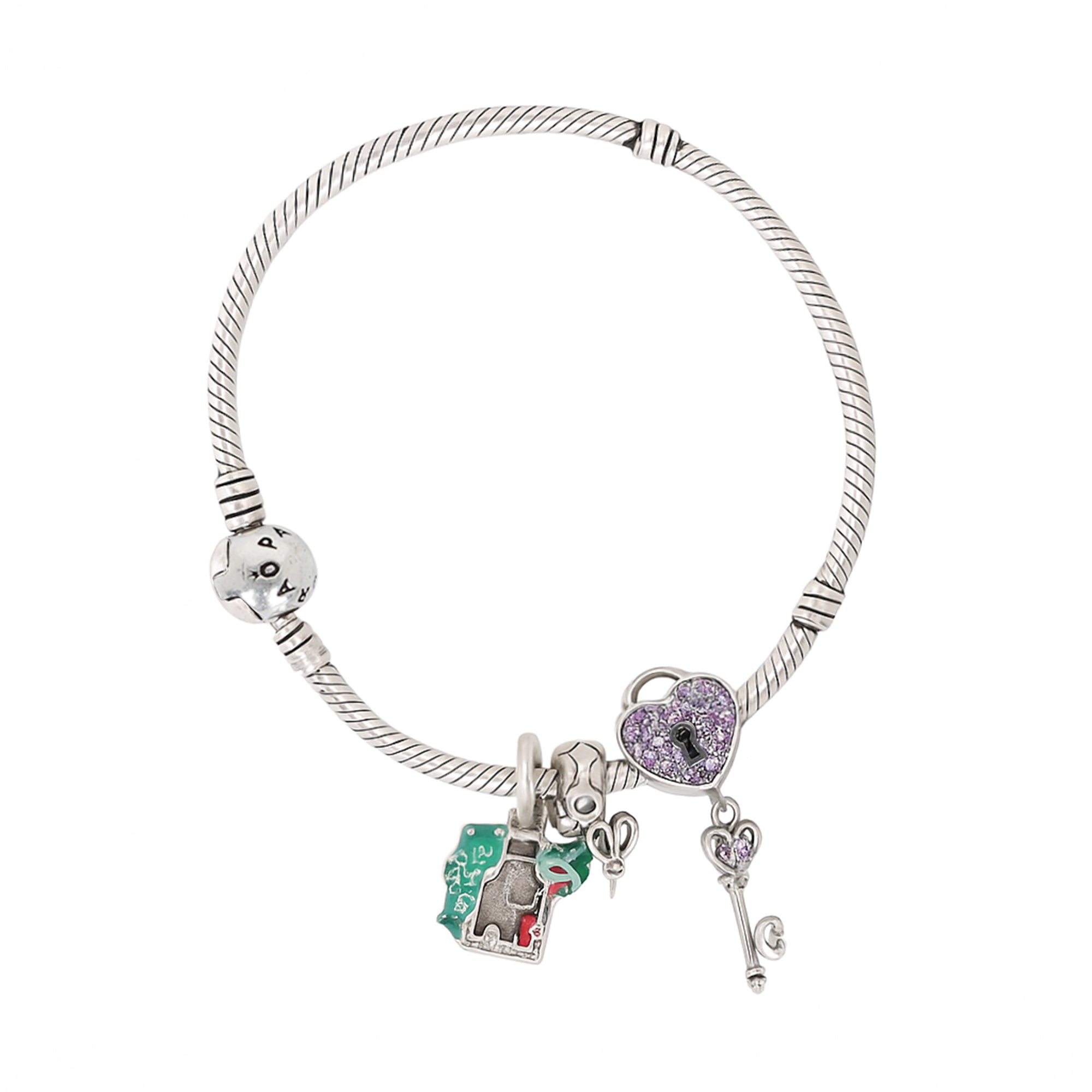 Women’s Silver Charm Bracelet with Heart Lock & Key Charms