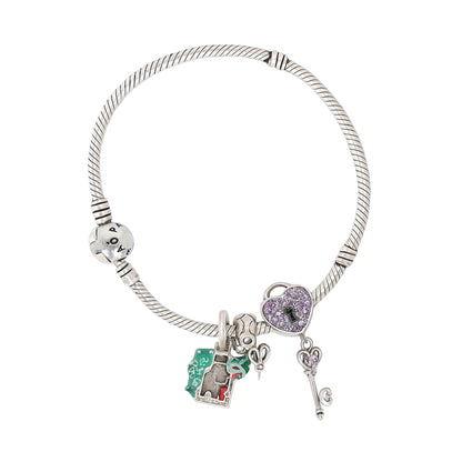 Women’s Silver Charm Bracelet with Heart Lock & Key Charms