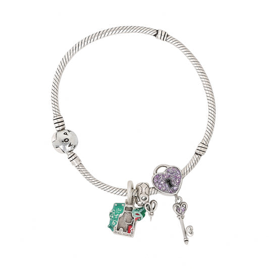 Women’s Silver Charm Bracelet with Heart Lock & Key Charms