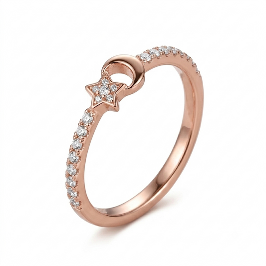 SYLVEXIA 925 Sterling Silver Rose Gold Moon & Star CZ Ring for Women