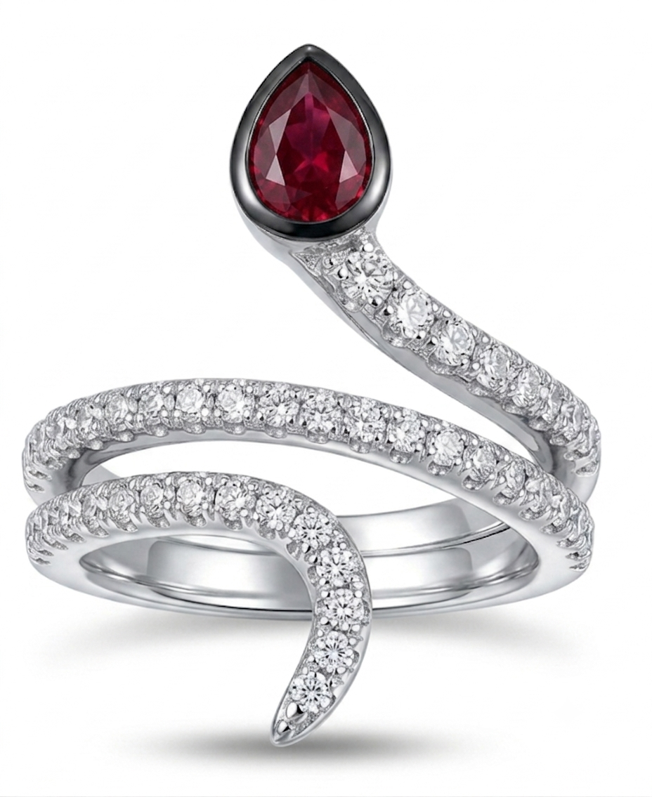 925 Sterling Silver Snake Wrap CZ Ring with Red Pear Stone
