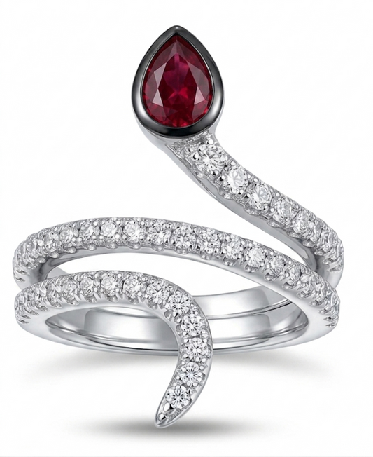 925 Sterling Silver Snake Wrap CZ Ring with Red Pear Stone
