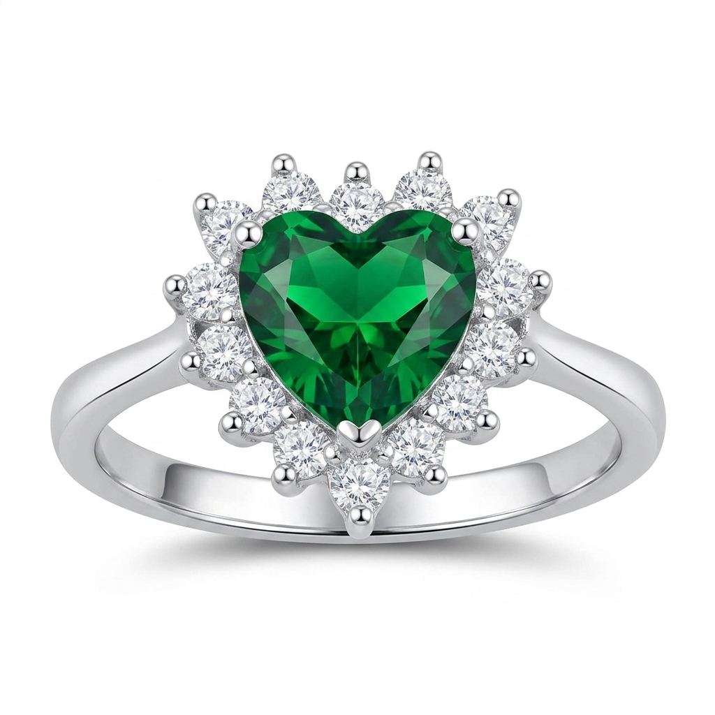 Sylvexia Heart Cut Green Emerald Halo Ring in 925 Sterling Silver Ring for Women