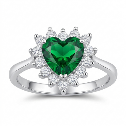 Sylvexia Heart Cut Green Emerald Halo Ring in 925 Sterling Silver Ring for Women