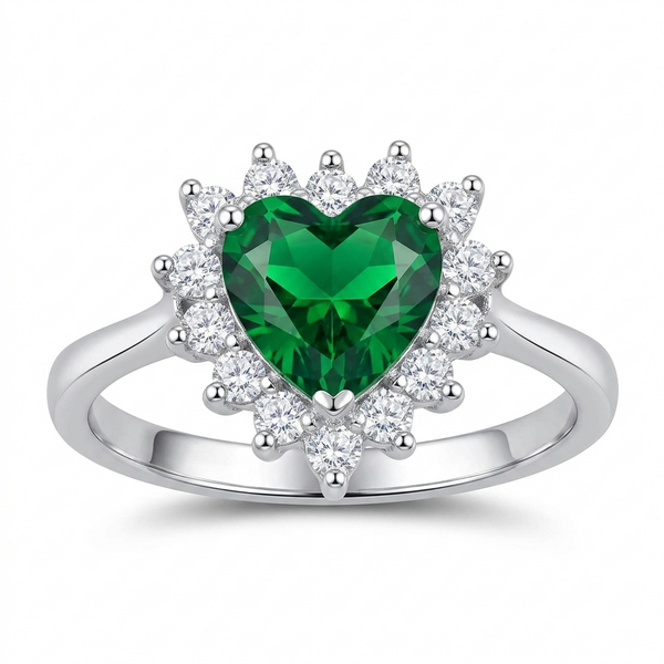 Sylvexia Heart Cut Green Emerald Halo Ring in 925 Sterling Silver Ring for Women