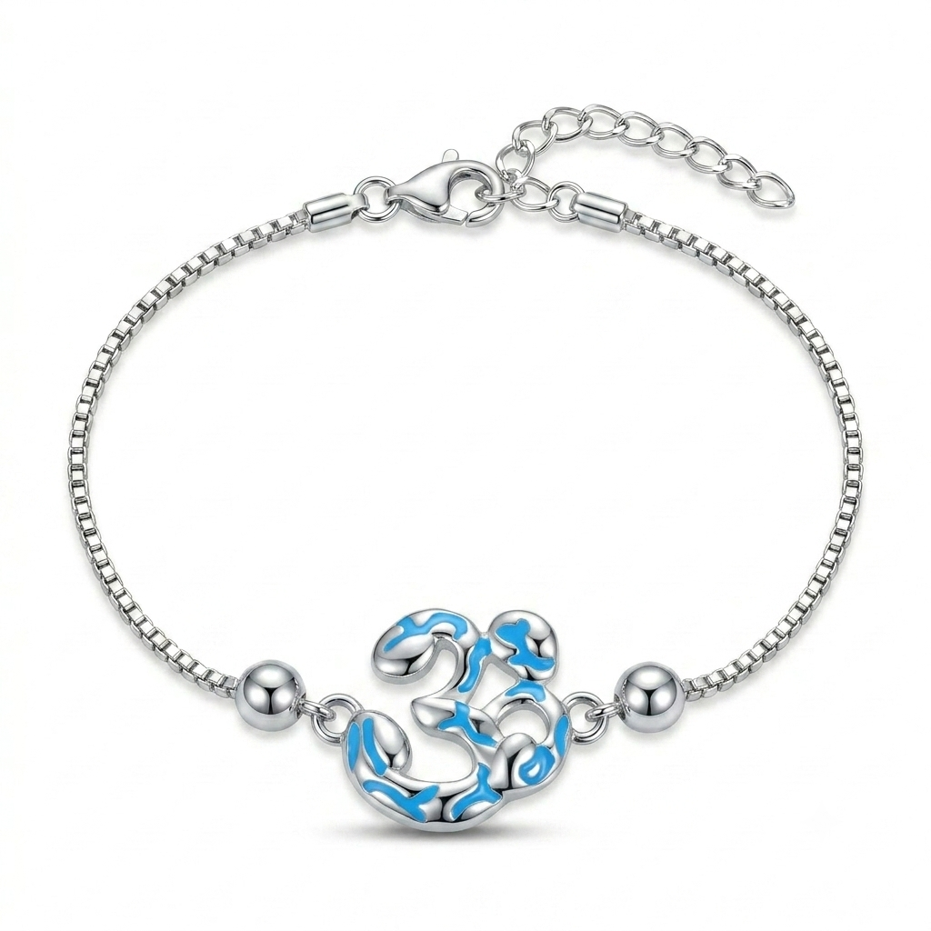 SYLVEXIA 925 Sterling Silver Blue Enamel Om Rakhi Bracelet for Brother