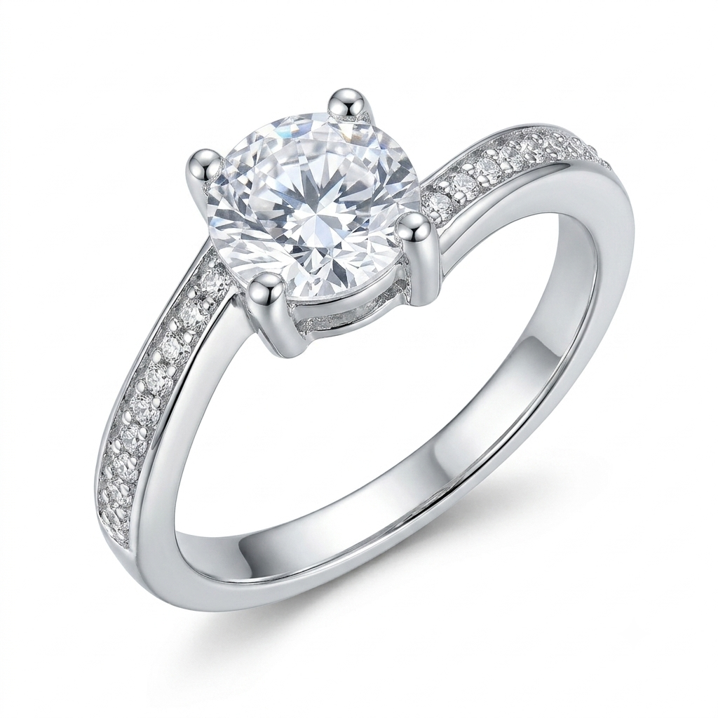 SYLVEXIA 925 Sterling Silver Classic Solitaire CZ Ring with Pavé Band