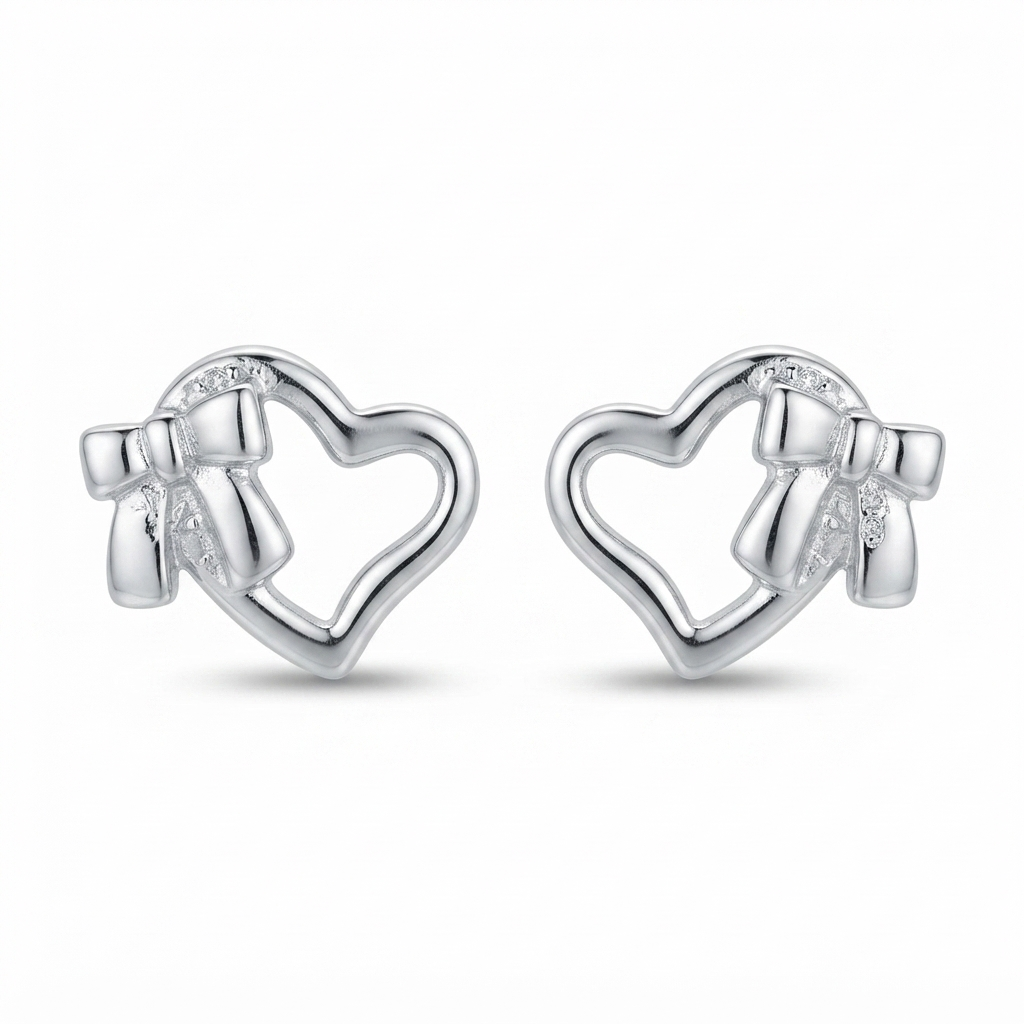 SYLVEXIA 925 Sterling Silver Open Heart Bow Stud Earrings for Women