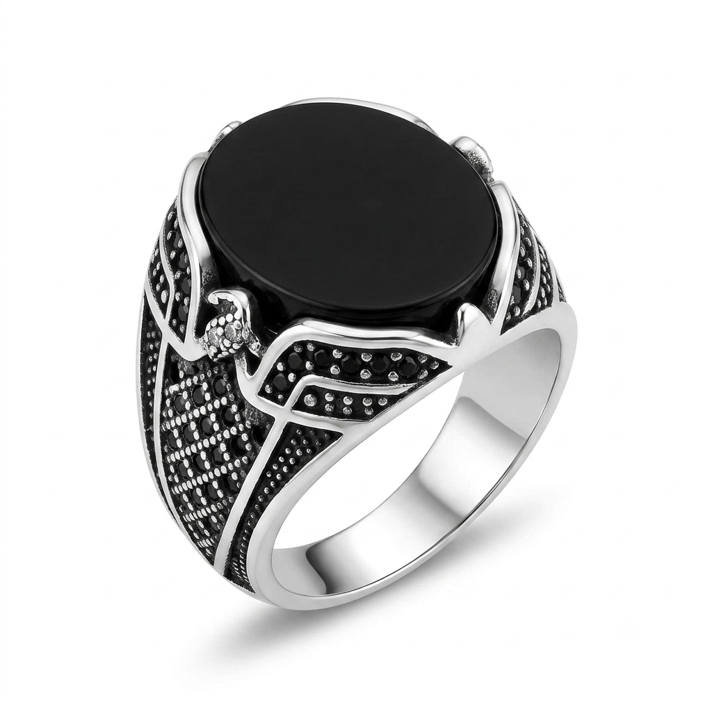 Sylvexia 925 Sterling Silver Men's Black Oval Signet Ring with Engraved Band