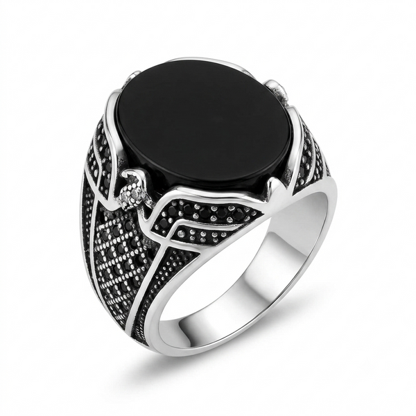 Sylvexia 925 Sterling Silver Men's Black Oval Signet Ring with Engraved Band