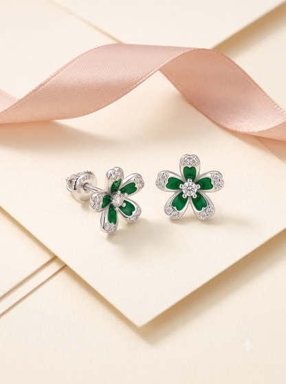 SYLVEXIA 925 Sterling Silver Green Floral Stud Earrings