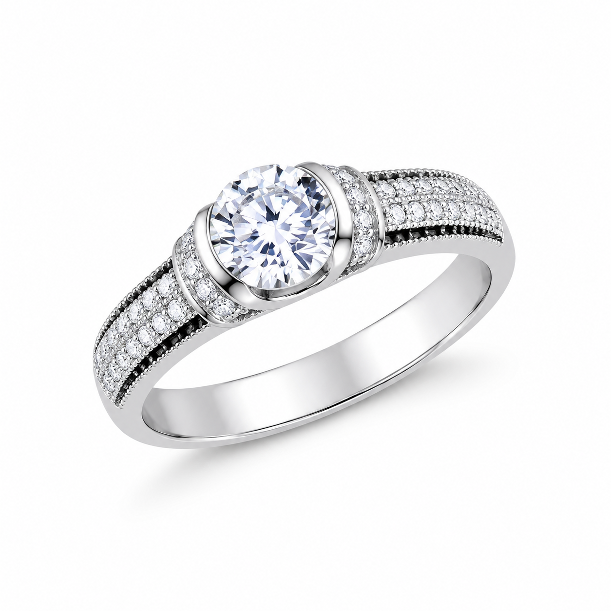 925 Sterling Silver Two Tone Black Ring with CZ Stones for Women