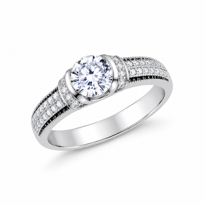 925 Sterling Silver Two Tone Black Ring with CZ Stones for Women
