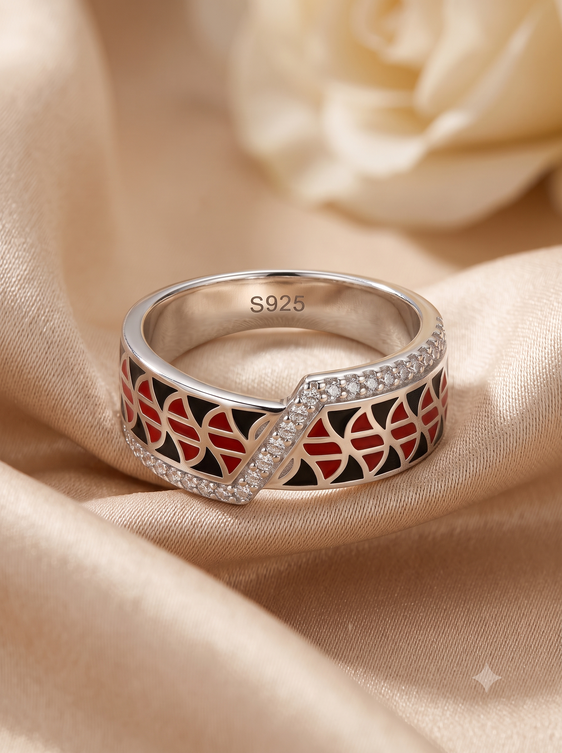 SYLVEXIA 925 Sterling Silver Red Black Geometric Ring