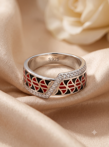 SYLVEXIA 925 Sterling Silver Red Black Geometric Ring
