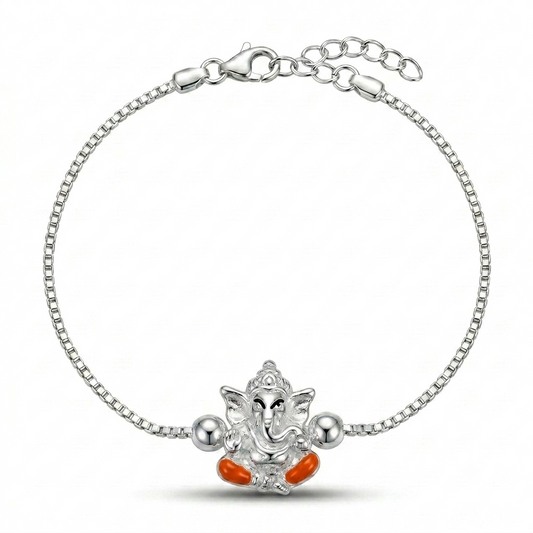 SYLVEXIA 925 Sterling Silver Orange Color Ganesha Rakhi Bracelet for Brother