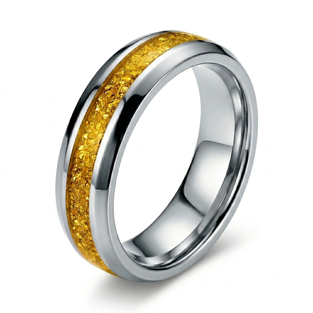 925 Sterling Silver Gold Tone Inlay Ring for Men Band Ring