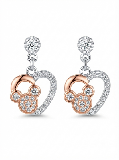 SYLVEXIA Women Two Tone Plated Crystal Studded Mouse Heart Drop Earrings