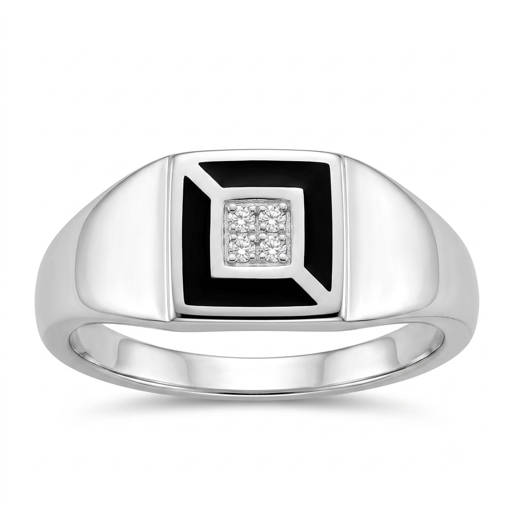 925 Sterling Silver Mens Black Enamel Square CZ Signet Ring