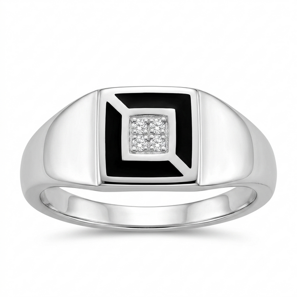 925 Sterling Silver Mens Black Enamel Square CZ Signet Ring