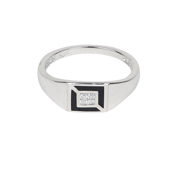Sylvexia 925 Sterling Silver Men's Black Enamel CZ Signet Ring