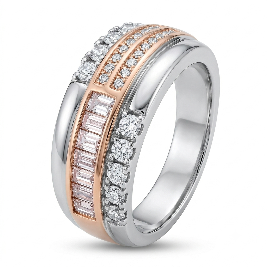 925 Sterling Silver Rose Gold Round & Baguette CZ Ring