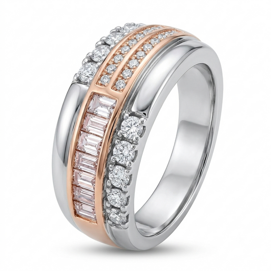 925 Sterling Silver Rose Gold Round & Baguette CZ Ring