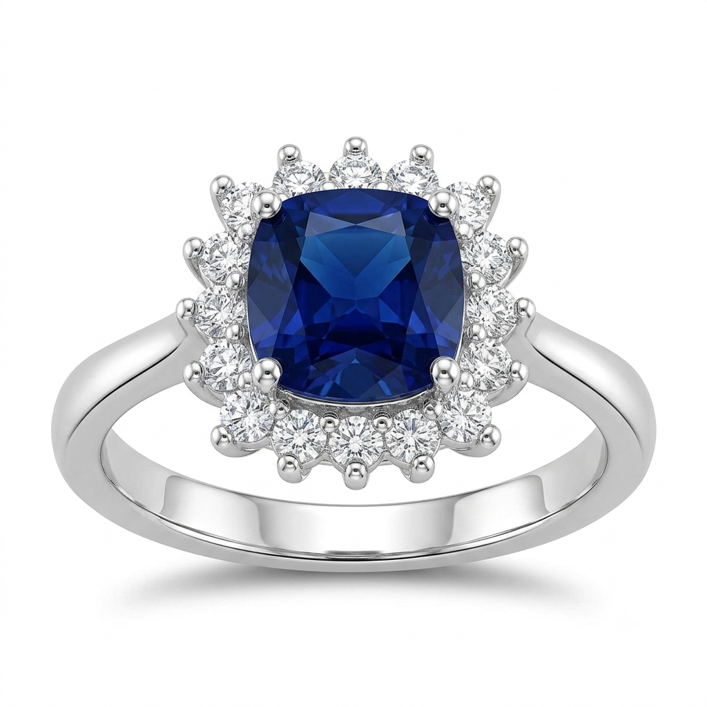 SYLVEXIA 925 Sterling Silver Cushion Cut Blue Sapphire Halo Ring for Women