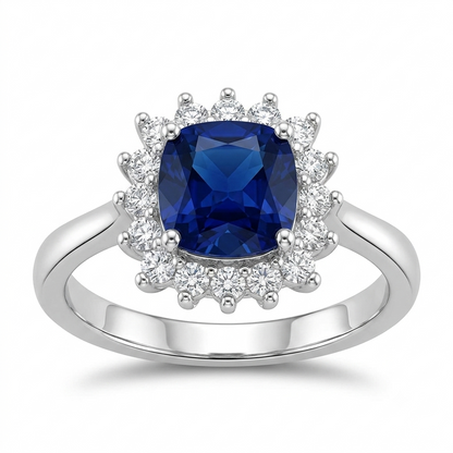 SYLVEXIA 925 Sterling Silver Cushion Cut Blue Sapphire Halo Ring for Women
