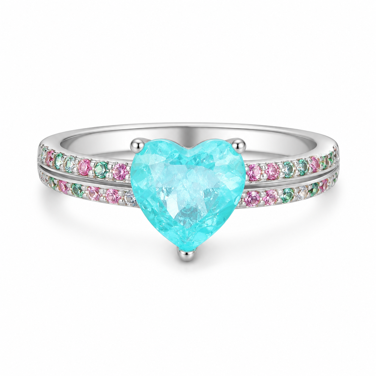 SYLVEXI 925 Sterling Silver Heart Ring with Aqua CZ Stone for Women