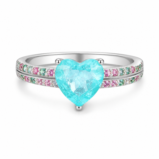 SYLVEXI 925 Sterling Silver Heart Ring with Aqua CZ Stone for Women