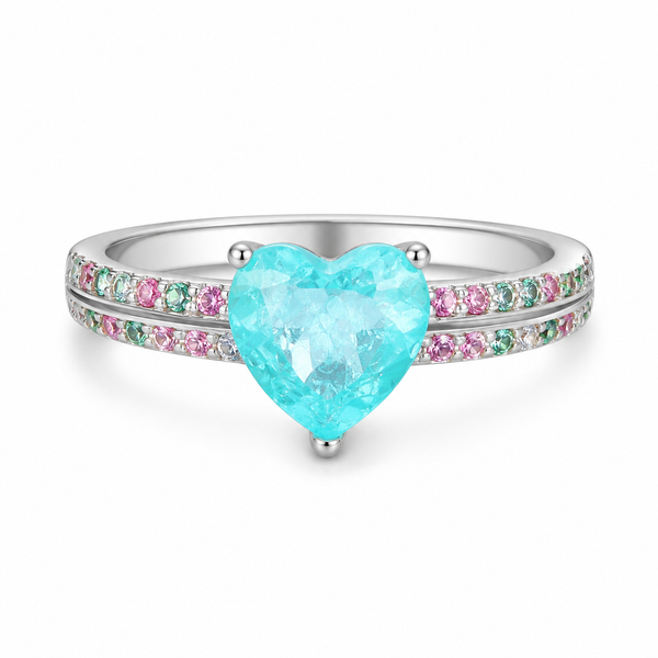 SYLVEXI 925 Sterling Silver Heart Ring with Aqua CZ Stone for Women